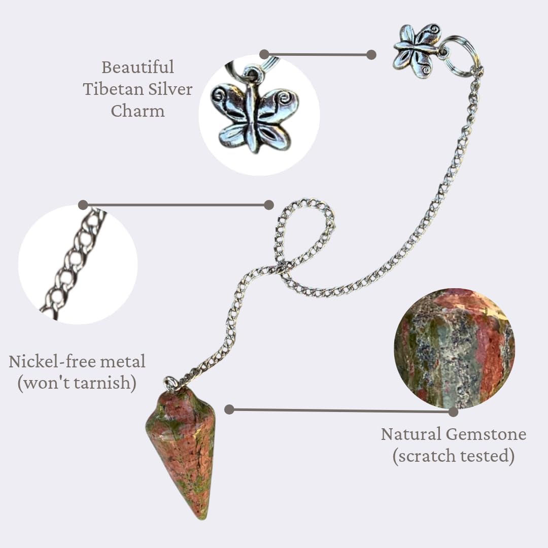 Natural Unakite Gemstone Smooth Conical Crystal Pendulum with Charm, Nickle Free Chain, Reiki Meditation Dowsing Tool (Unakite)