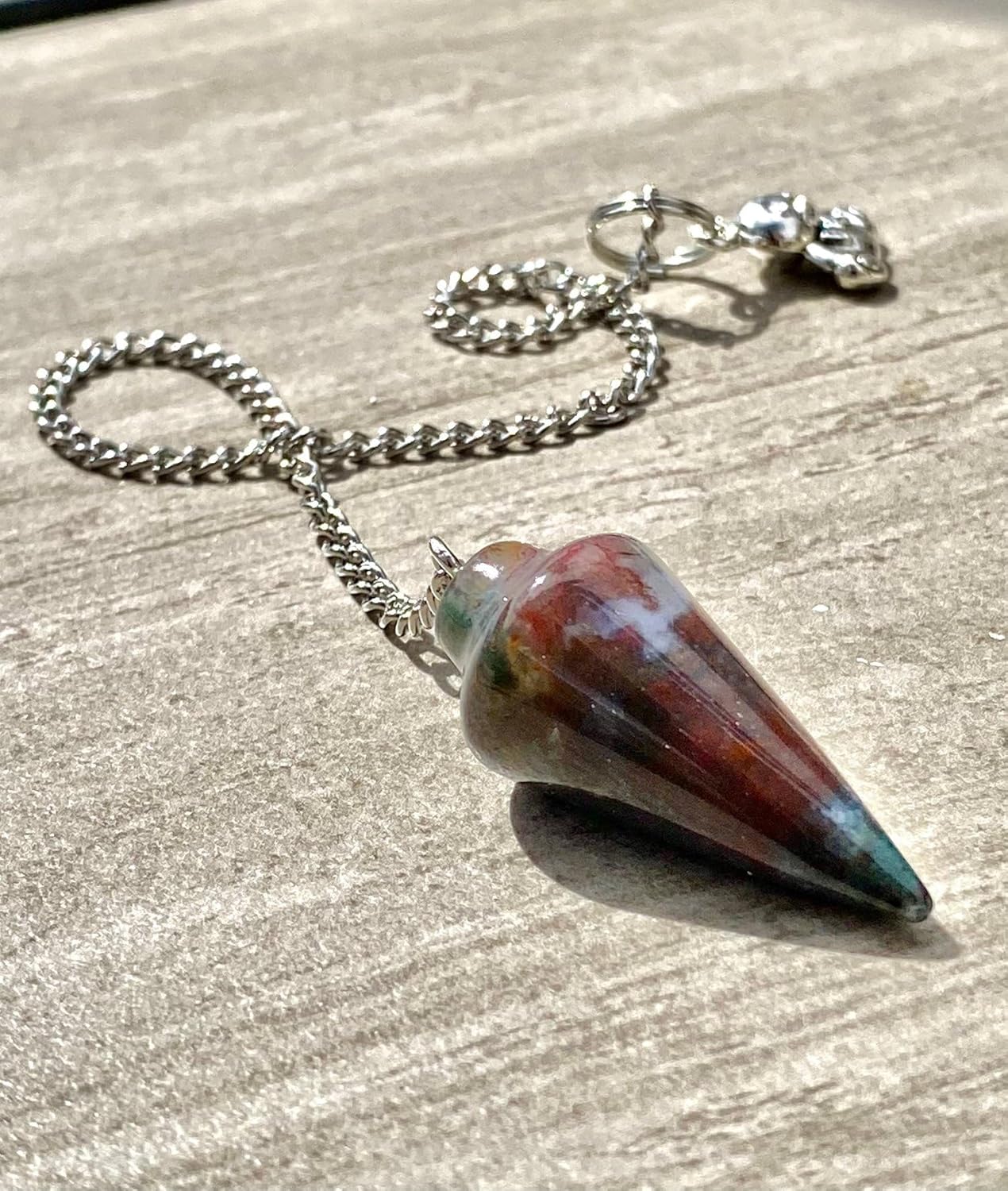 Extrinsic Beauty Moss Agate Natural Gemstone Smooth Conical Crystal Pendulum with Charm, Nickle Free Chain, Reiki Meditation Dowsing Tool.