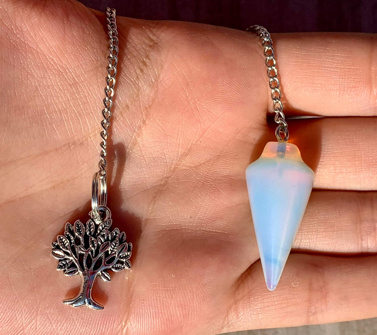 Natural Gemstone Smooth Conical Crystal Pendulum with Charm, Nickle Free Chain, Reiki Meditation Dowsing Tool (Opalite)