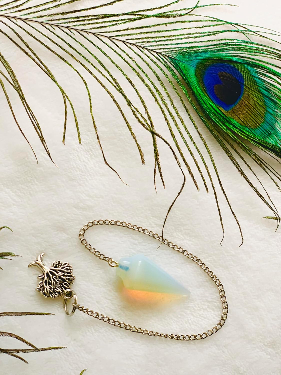 Natural Gemstone Smooth Conical Crystal Pendulum with Charm, Nickle Free Chain, Reiki Meditation Dowsing Tool (Opalite)