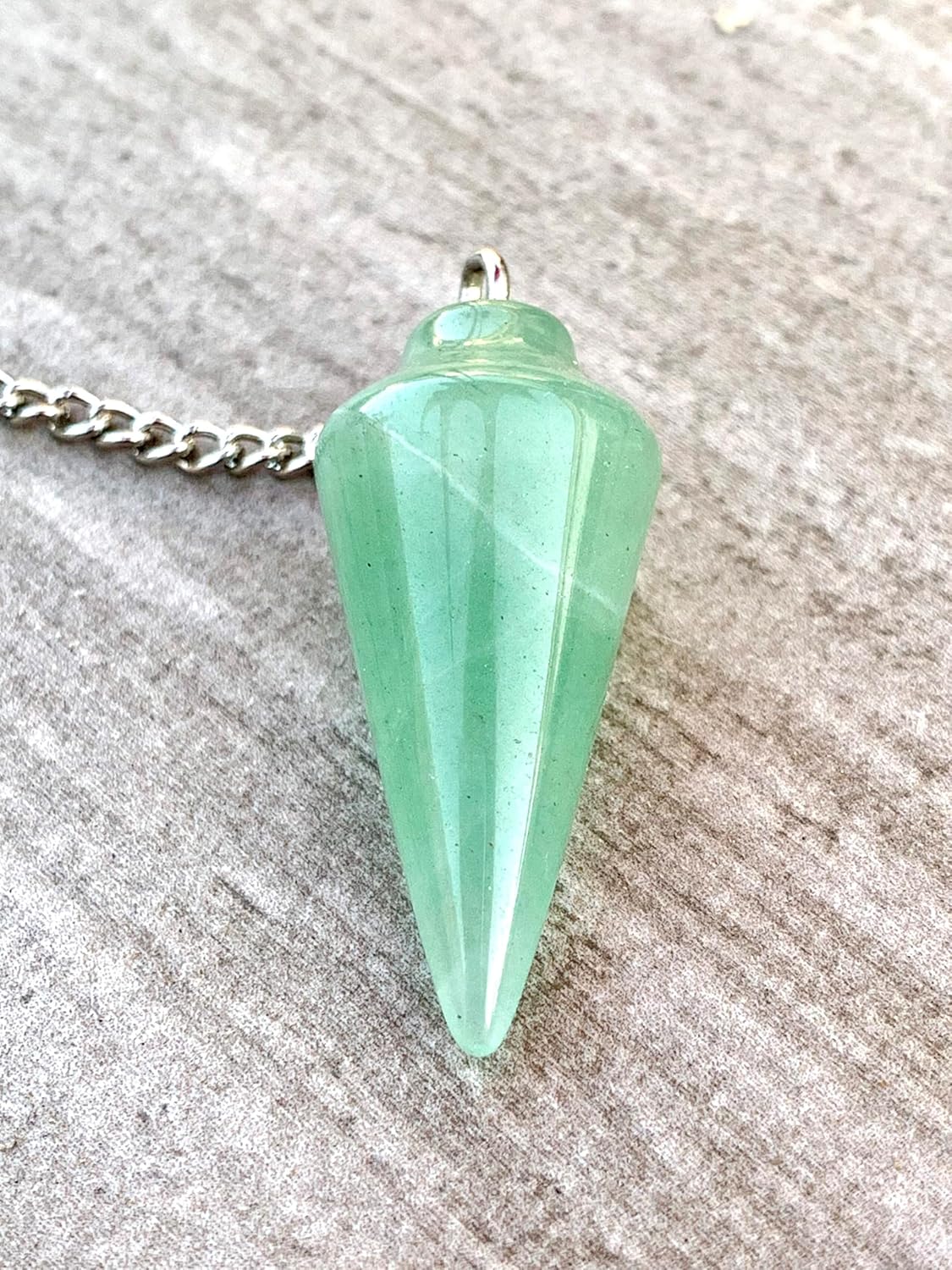 Natural Gemstone Smooth Conical Crystal Pendulum with Charm, Nickle Free Chain, Reiki Meditation Dowsing Tool (Green Aventurine)