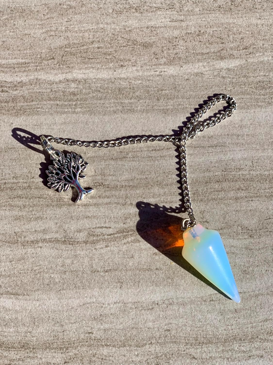 Natural Gemstone Smooth Conical Crystal Pendulum with Charm, Nickle Free Chain, Reiki Meditation Dowsing Tool (Opalite)