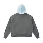 Fleece raglan hoodie, dark gray back with light blue hood