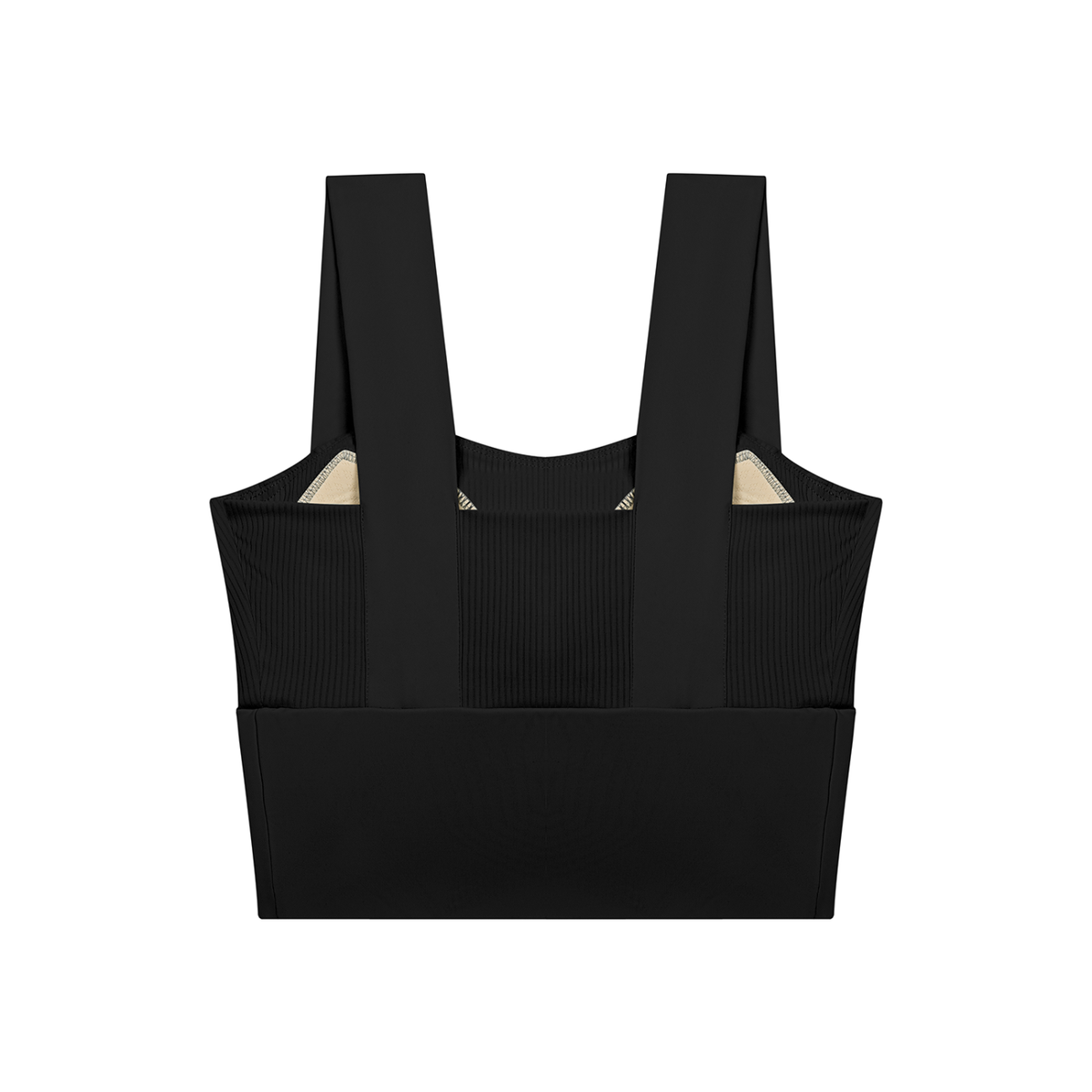 Black women’s yoga crop tank top with wide straps and ribbed textured fabric, back view