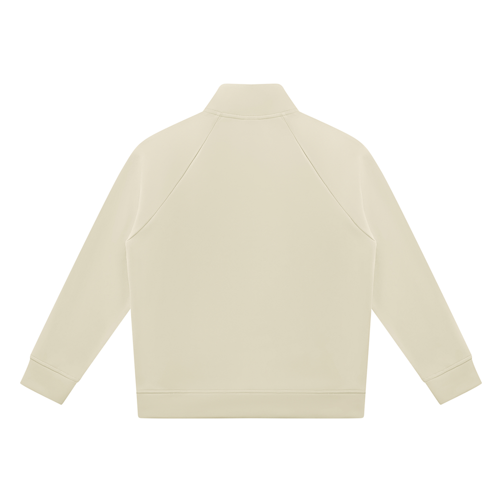 Light camel stand-collar jacket, full-zip back with raglan seams