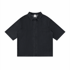 Unisex vintage wash drop-shoulder lyocell shirt, black, short sleeves, button front