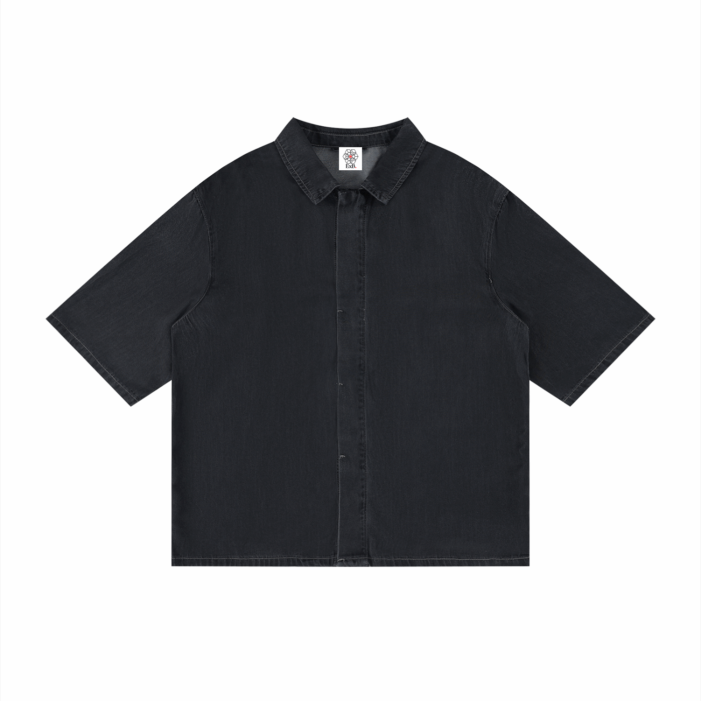 Unisex vintage wash drop-shoulder lyocell shirt, black, short sleeves, button front