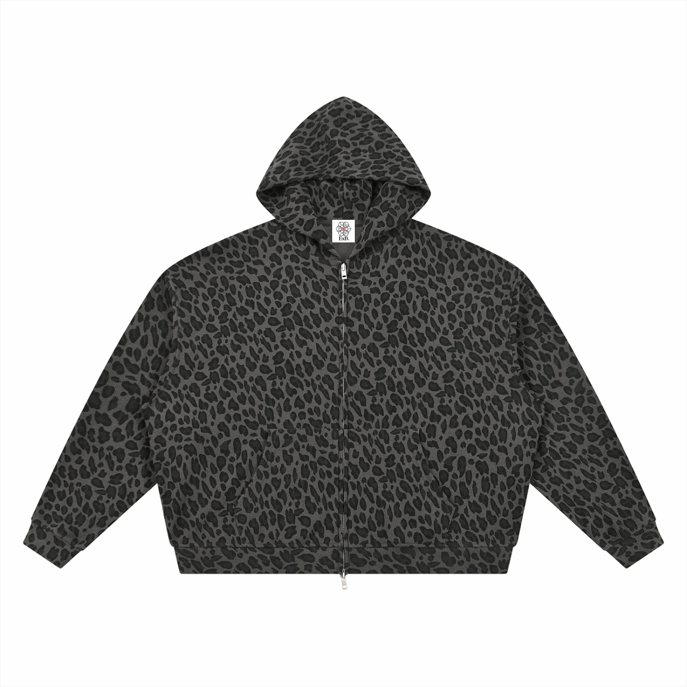 Unisex leopard-print waffle full-zip hoodie, dark gray spotted pattern