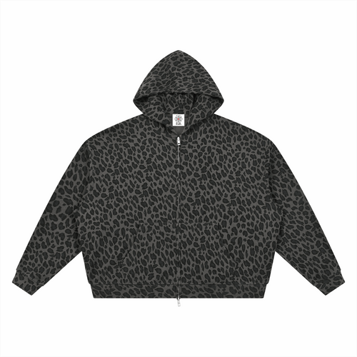 Unisex leopard-print waffle full-zip hoodie, dark gray spotted pattern