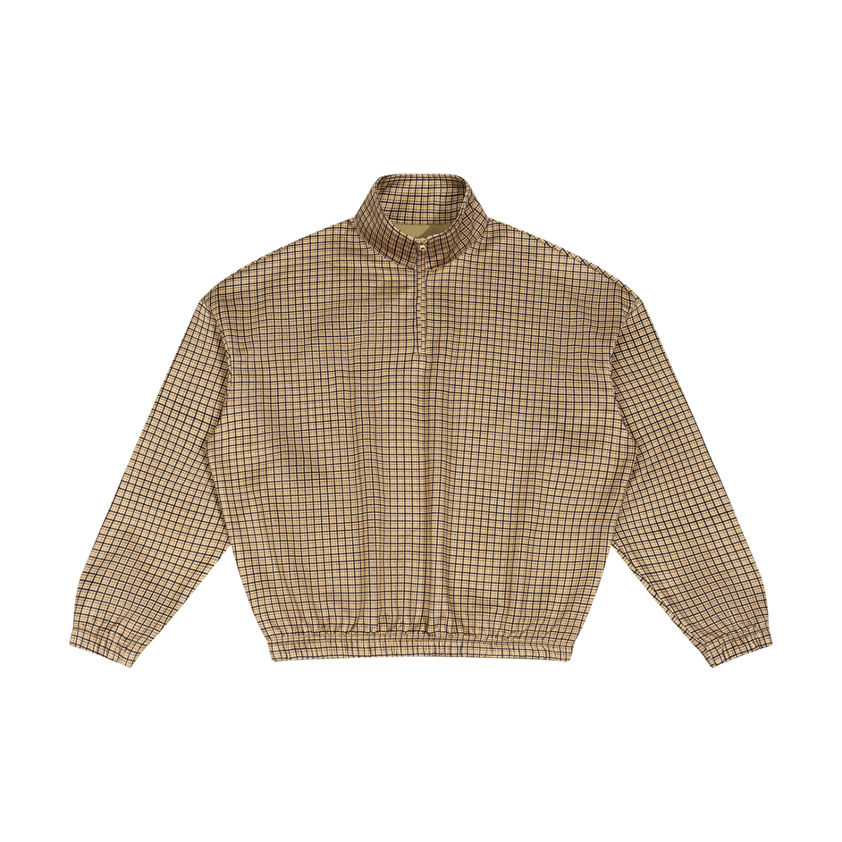 Unisex plaid quarter-zip sweatshirt, khaki, front view with stand collar