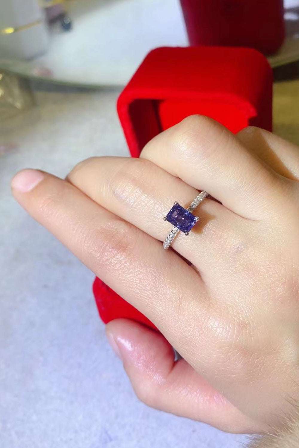 1 Carat Moissanite 925 Sterling Silver Rectangle Ring in Blue - Extrinsic Beauty