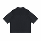 Unisex vintage wash drop-shoulder lyocell shirt, black, back view with yoke seam