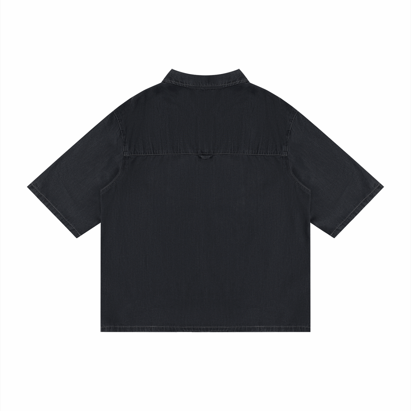 Unisex vintage wash drop-shoulder lyocell shirt, black, back view with yoke seam