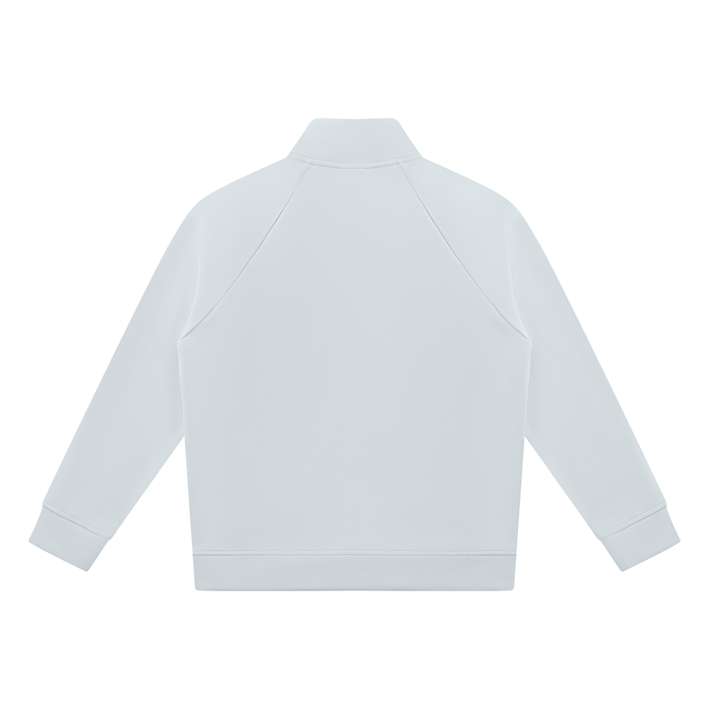 Light blue stand-collar jacket, full-zip back with raglan seams