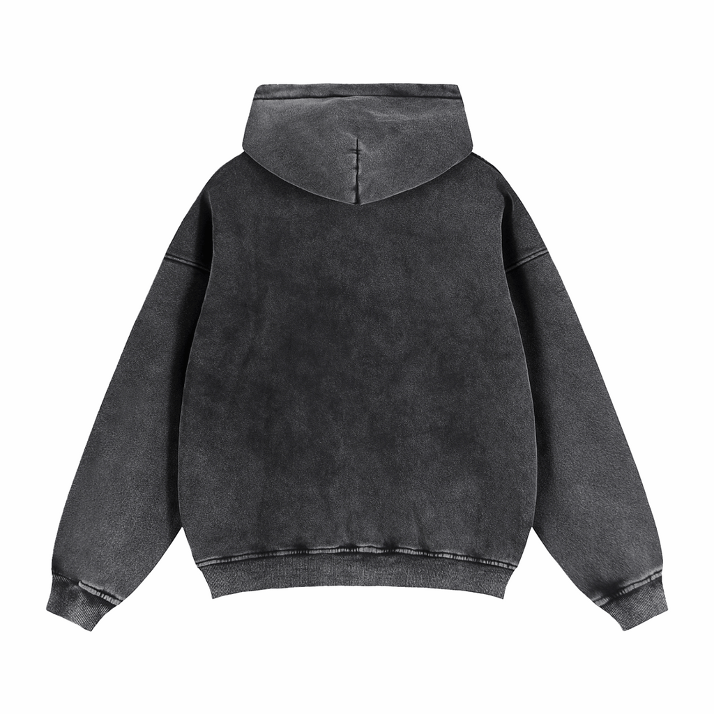 Dark gray zip-through boxy fleece hoodie with hood, back view