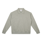Oat gray heather quarter-zip sweatshirt with stand collar and long sleeves, boxy fit.