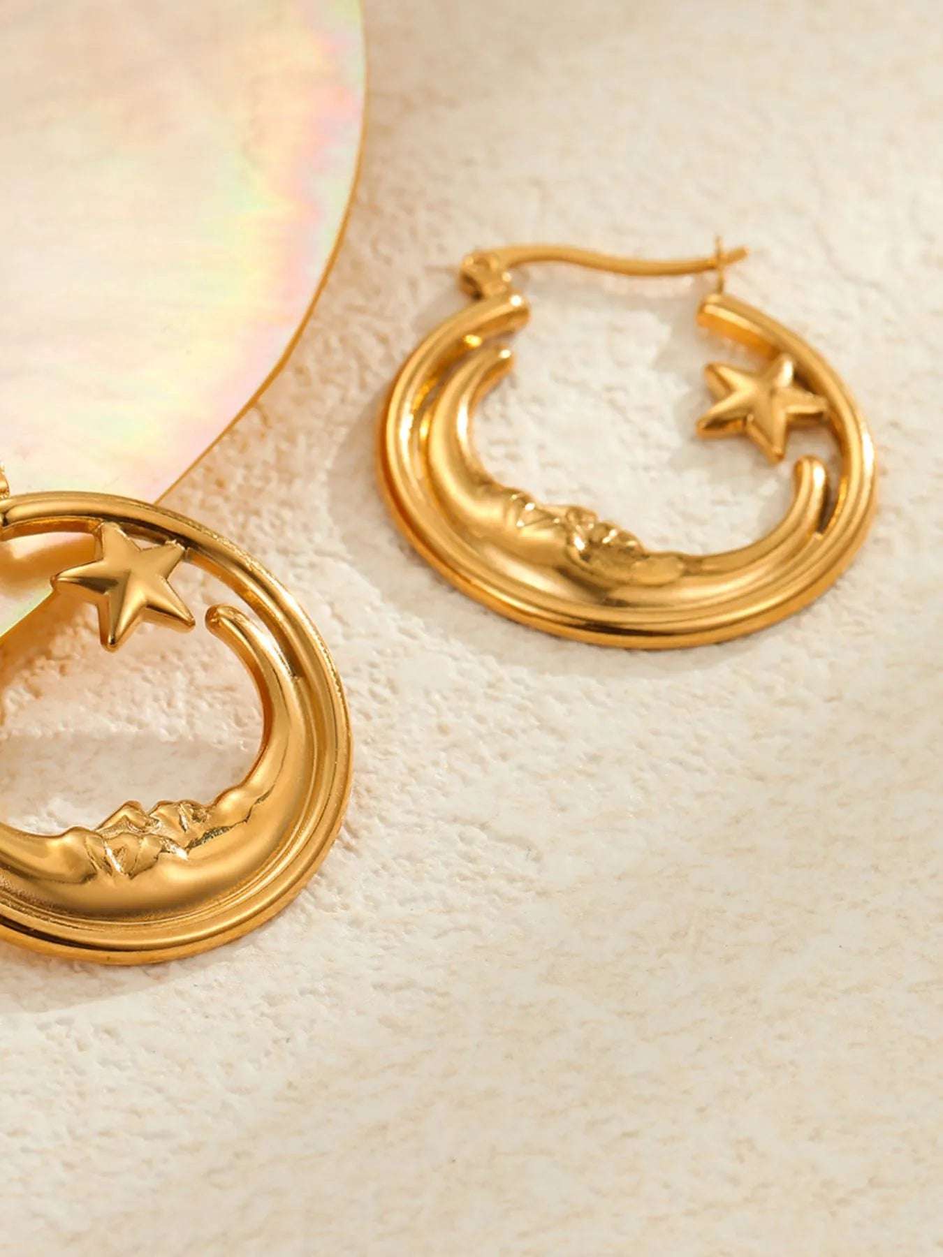 18K Gold - Plated Crescent Moon Star Hoop Earrings - Extrinsic Beauty