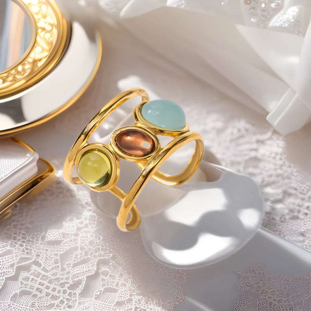 18K Gold - Plated Gemstone Open Cuff Ring - Extrinsic Beauty