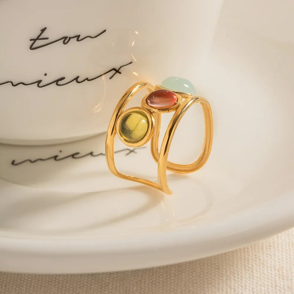 18K Gold - Plated Gemstone Open Cuff Ring - Extrinsic Beauty