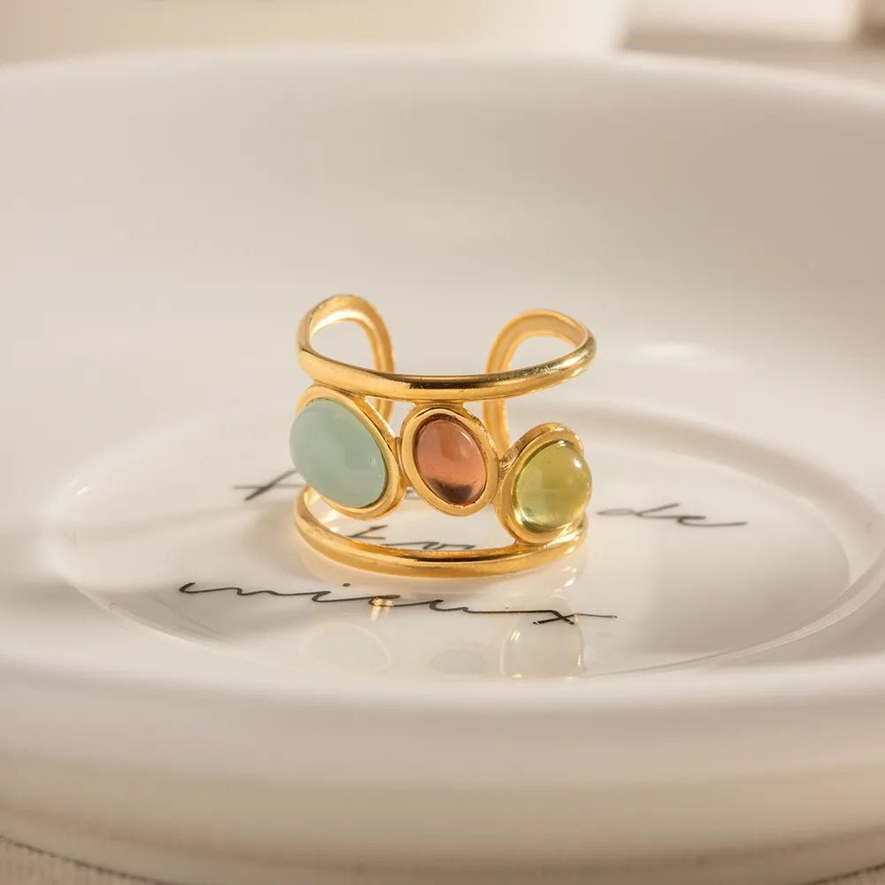 18K Gold - Plated Gemstone Open Cuff Ring - Extrinsic Beauty