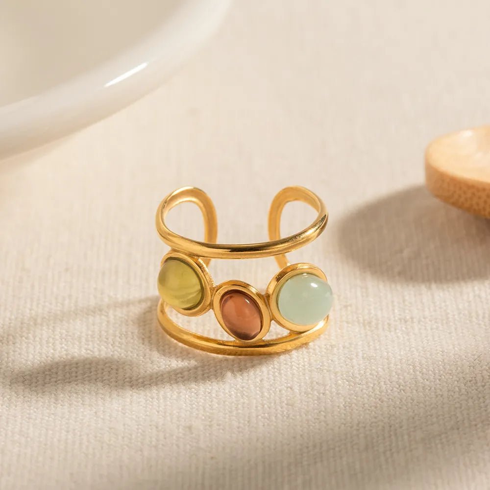 18K Gold - Plated Gemstone Open Cuff Ring - Extrinsic Beauty
