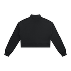 Black cropped quarter-zip sweatshirt, back view with stand collar