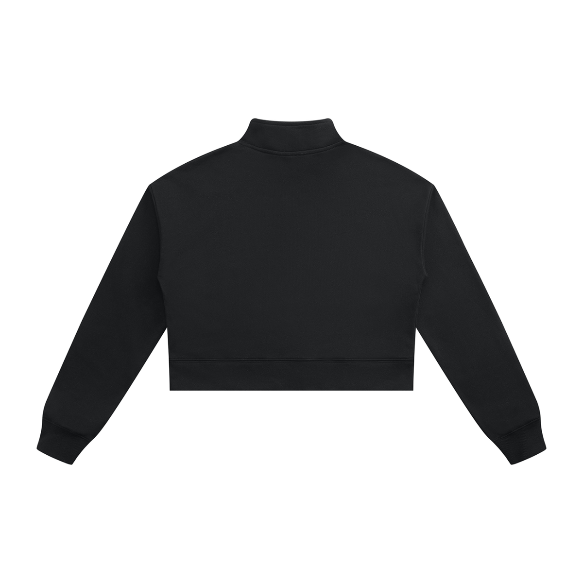 Black cropped quarter-zip sweatshirt, back view with stand collar
