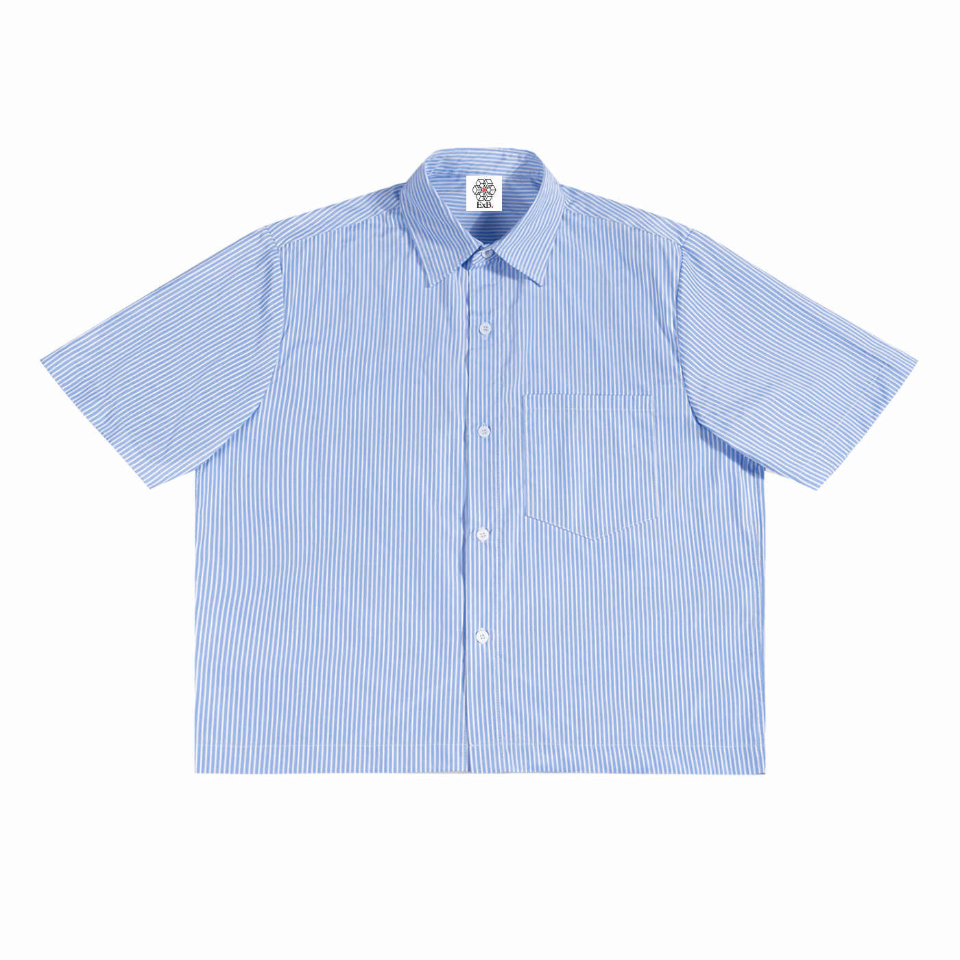 Blue vertical stripe boxy shirt, short sleeves, button-front, chest pocket