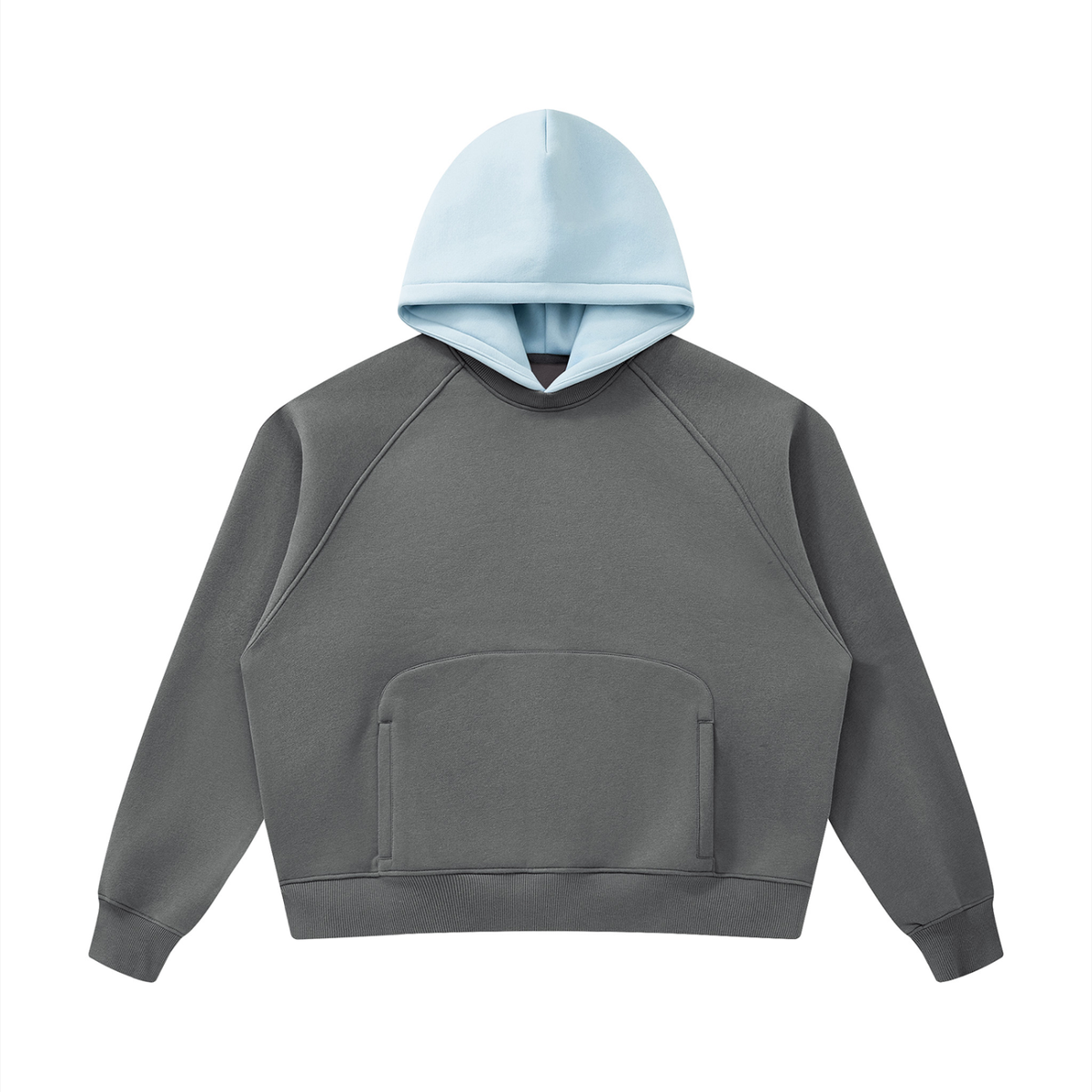 Fleece raglan hoodie, dark gray body with light blue hood and kangaroo pocket
