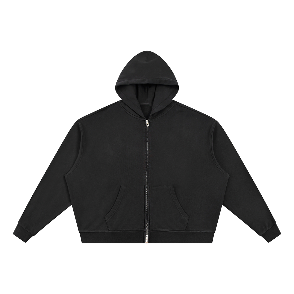 Black full-zip boxy hoodie with hood and front kangaroo pocket