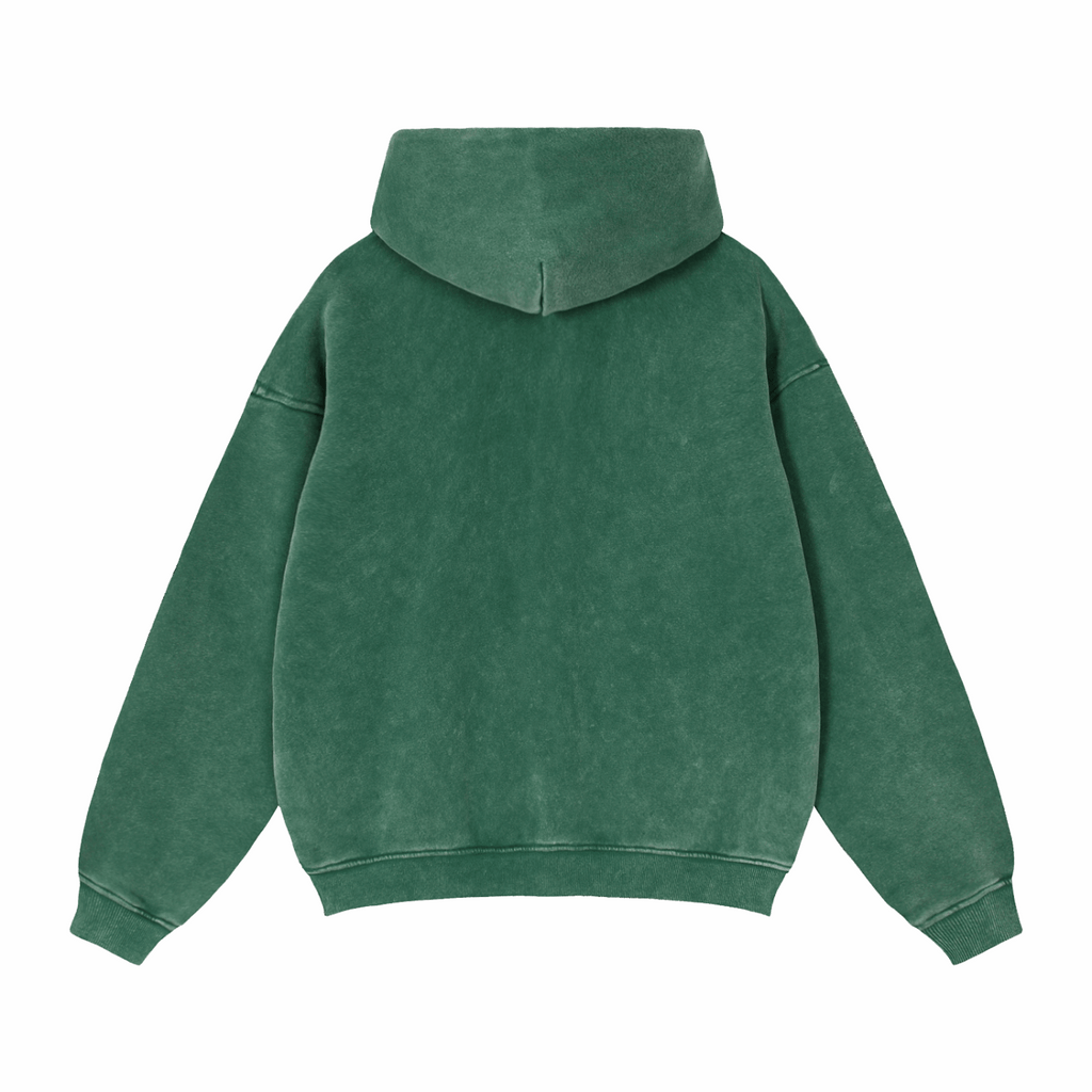 Green zip-through boxy fleece hoodie with hood, back view