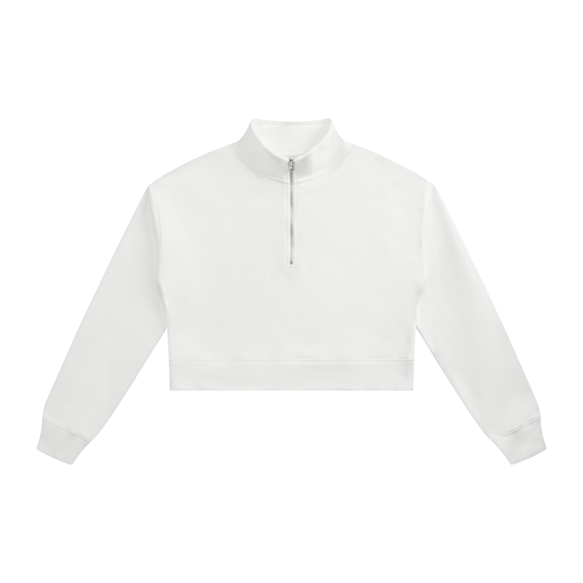 White cropped quarter-zip sweatshirt with stand collar and front zipper