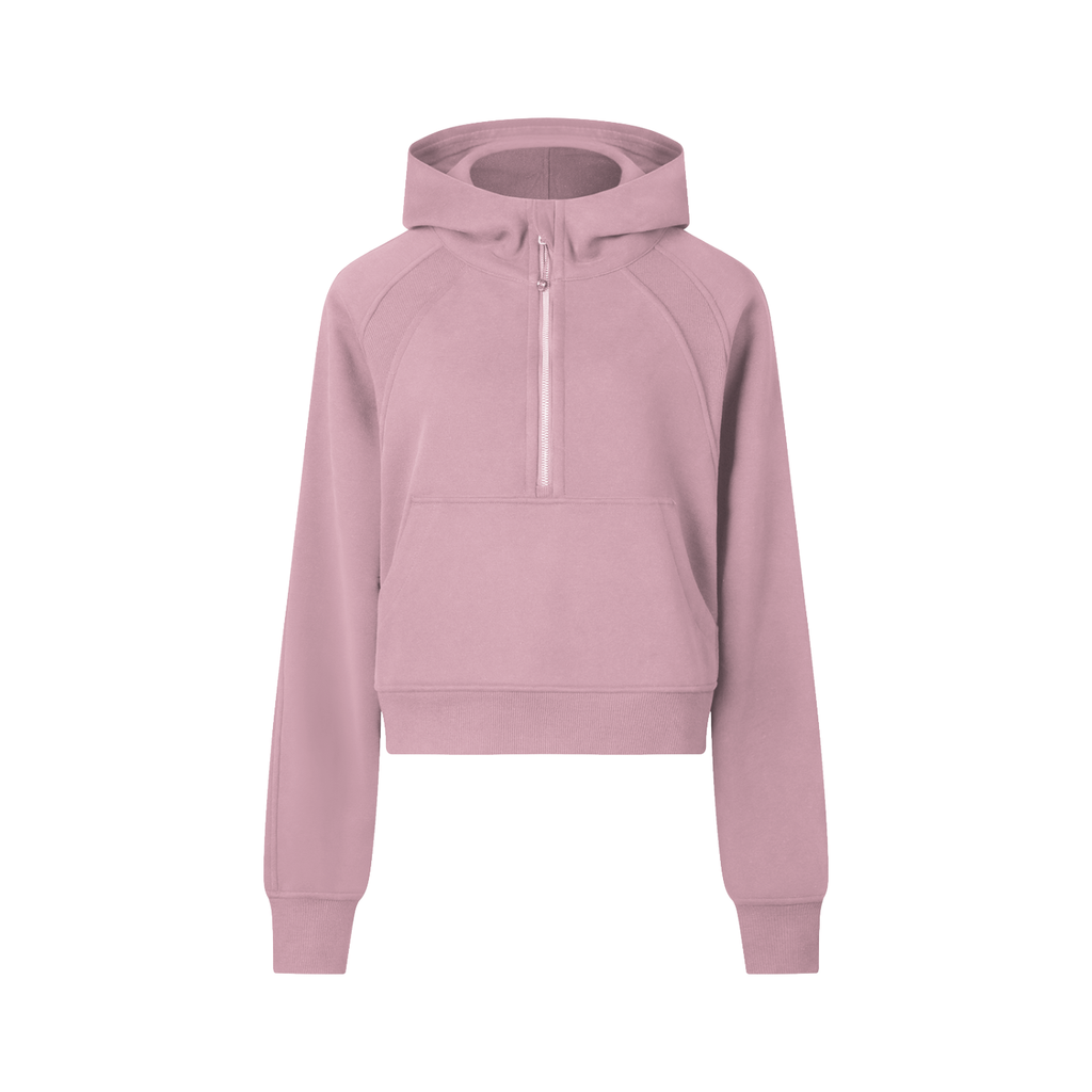 Cropped half-zip hoodie in dusty pink, hooded with front zip and kangaroo pocket