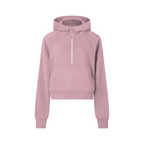 Cropped half-zip hoodie in dusty pink, hooded with front zip and kangaroo pocket
