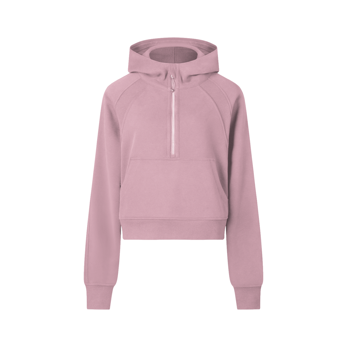 Cropped half-zip hoodie in dusty pink, hooded with front zip and kangaroo pocket