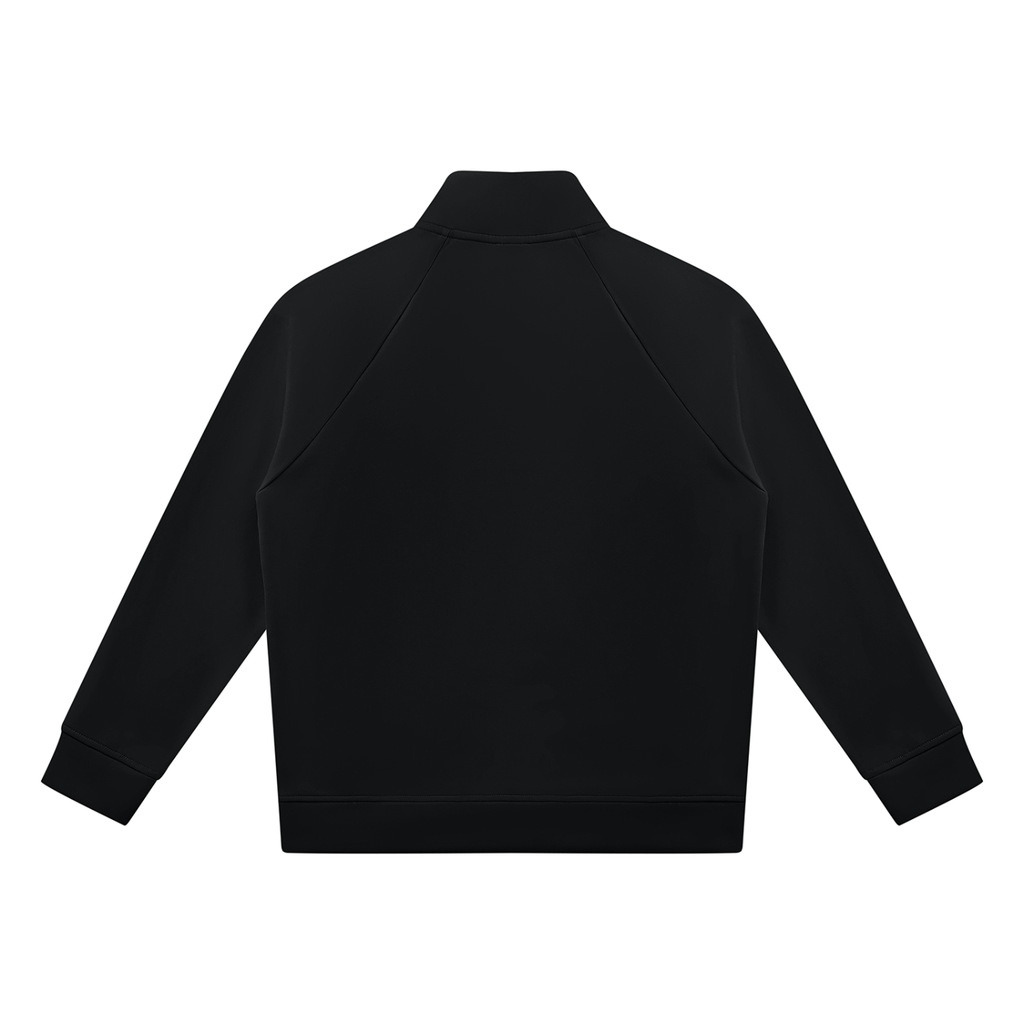 Black stand-collar jacket, full-zip back with raglan seams
