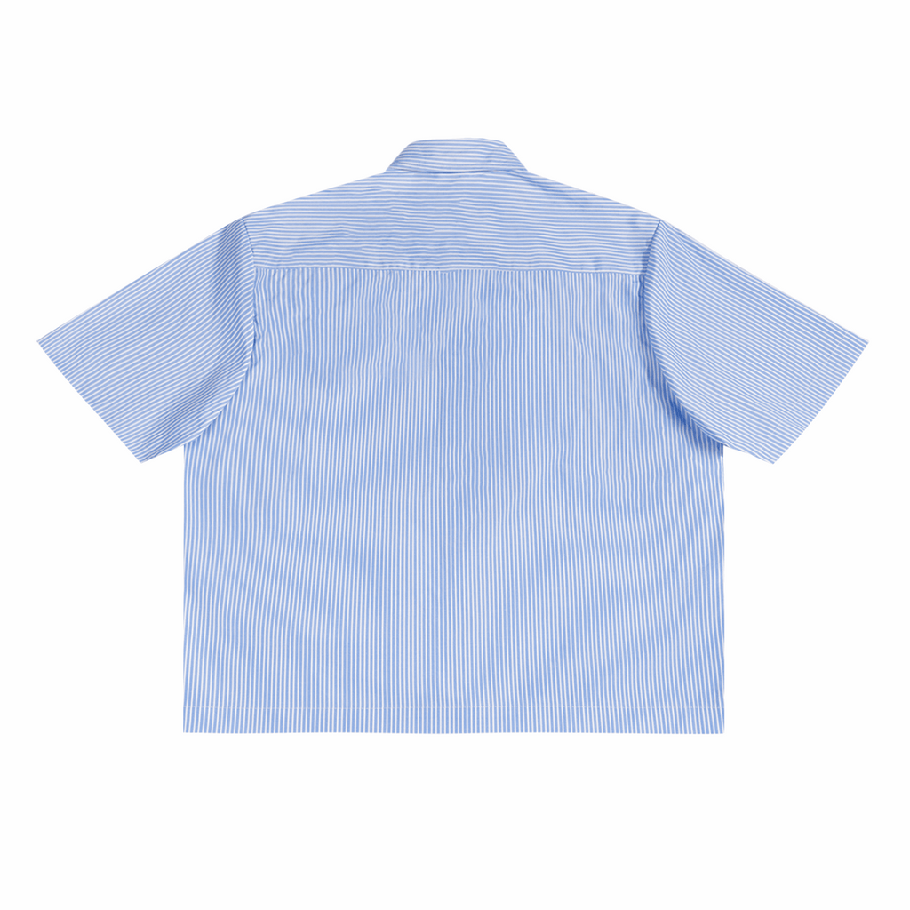 Blue vertical stripe boxy shirt, short sleeves, button-back view