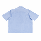 Blue vertical stripe boxy shirt, short sleeves, button-back view