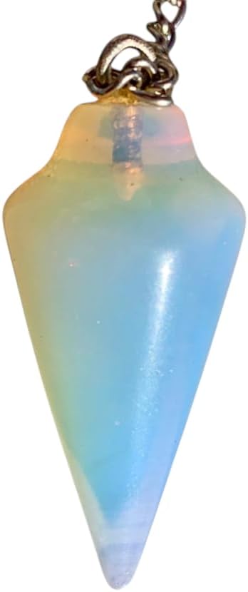Natural Gemstone Smooth Conical Crystal Pendulum with Charm, Nickle Free Chain, Reiki Meditation Dowsing Tool (Opalite)