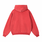 Red zip-through boxy fleece hoodie with hood, back view