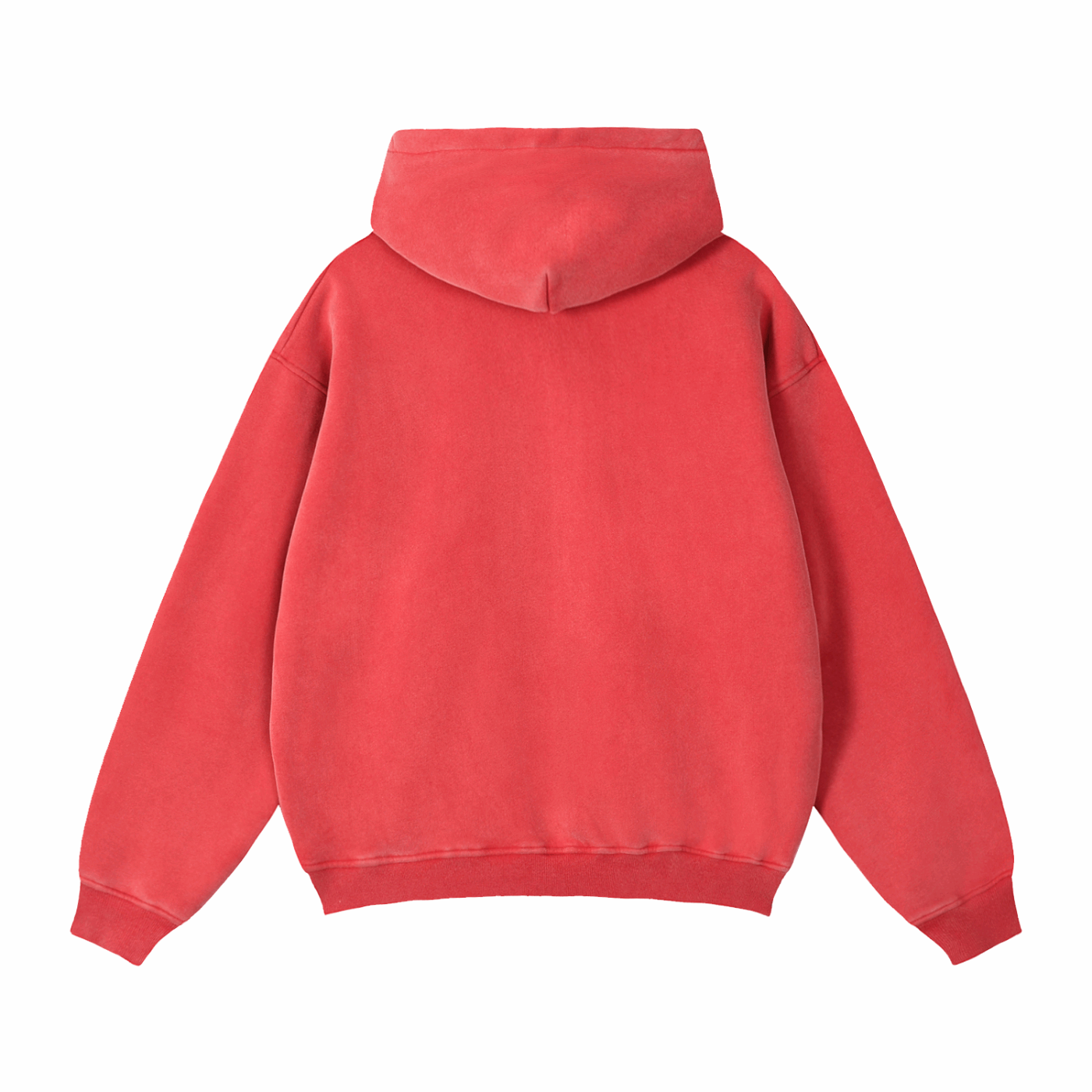 Red zip-through boxy fleece hoodie with hood, back view