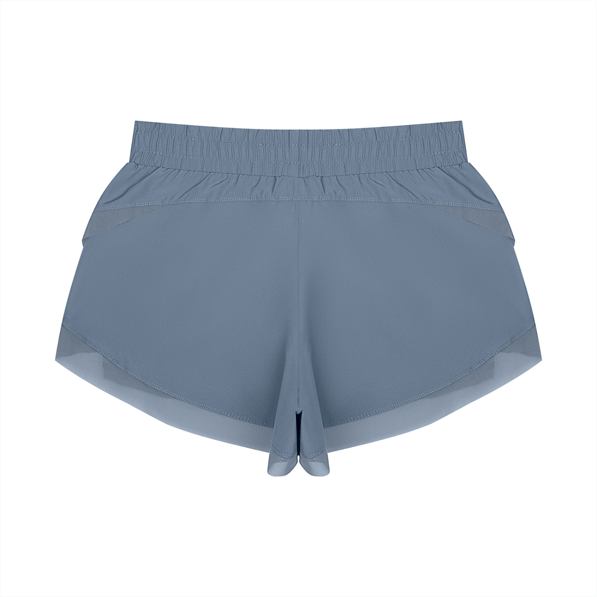 Light blue paneled yoga shorts with wide elastic waistband and layered hem detail.