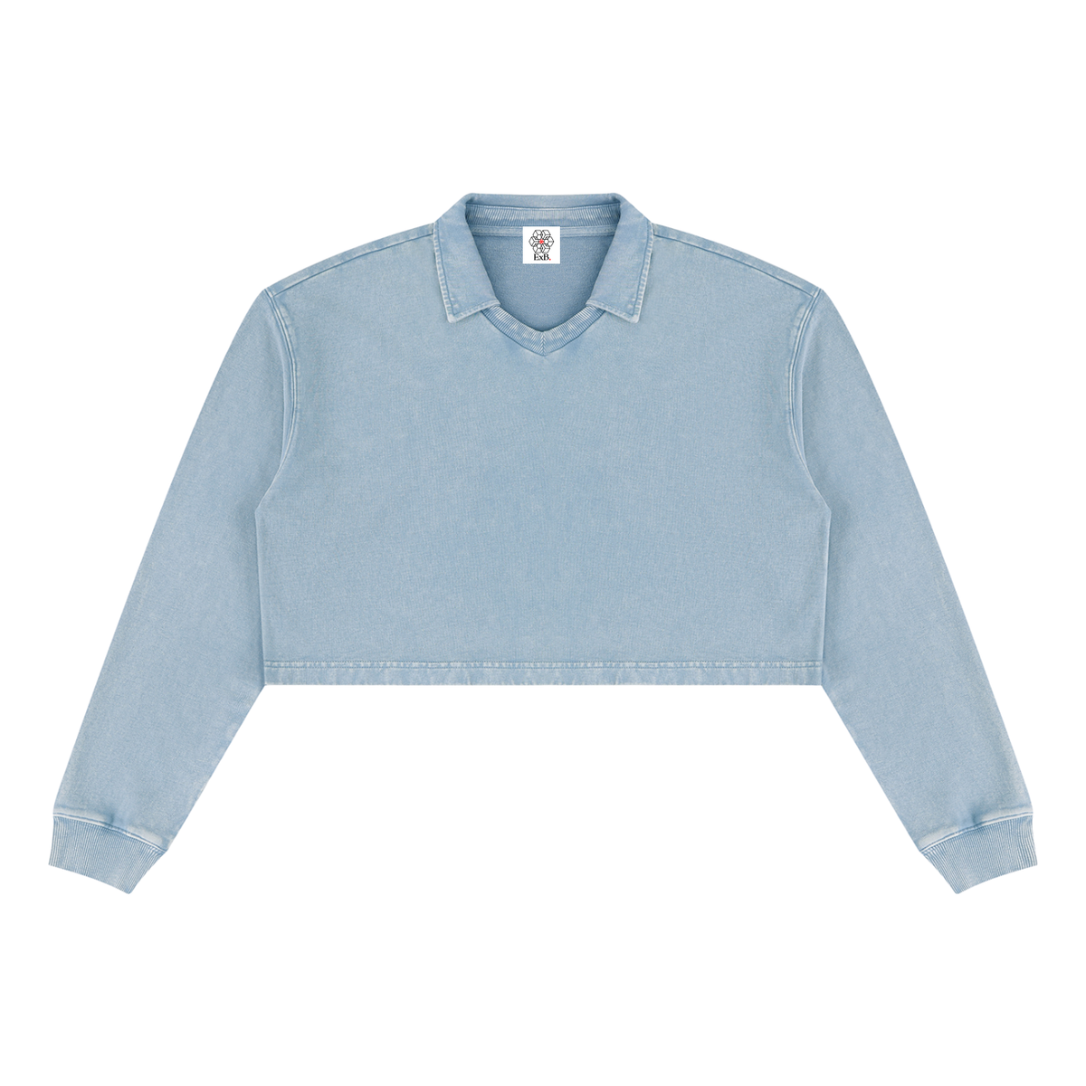 Gray blue cropped sweatshirt with V-neck and long sleeves, vintage wash