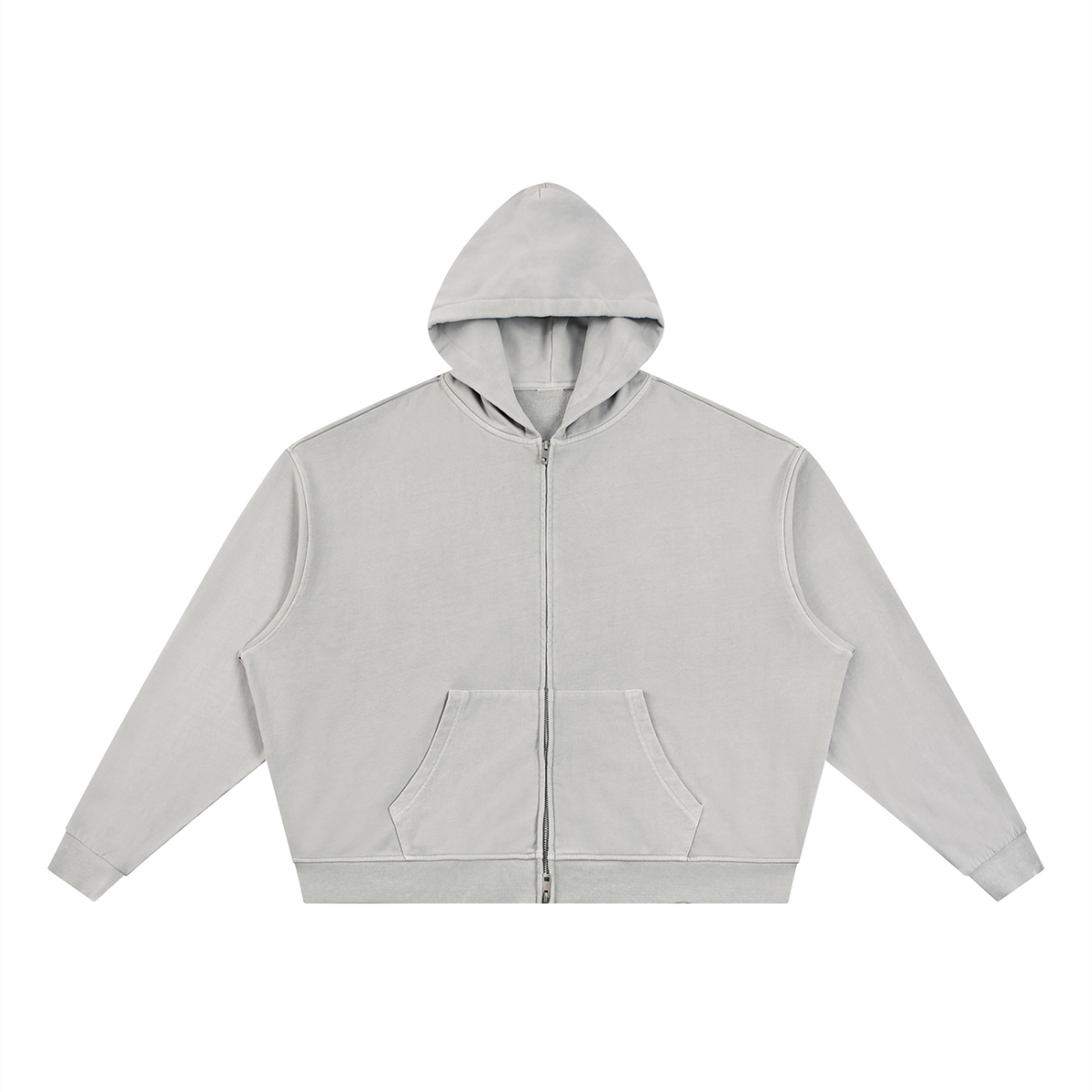 Light gray full-zip boxy hoodie with hood and front kangaroo pocket