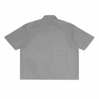 Black-and-white vertical stripe boxy shirt, short sleeves, button-back view