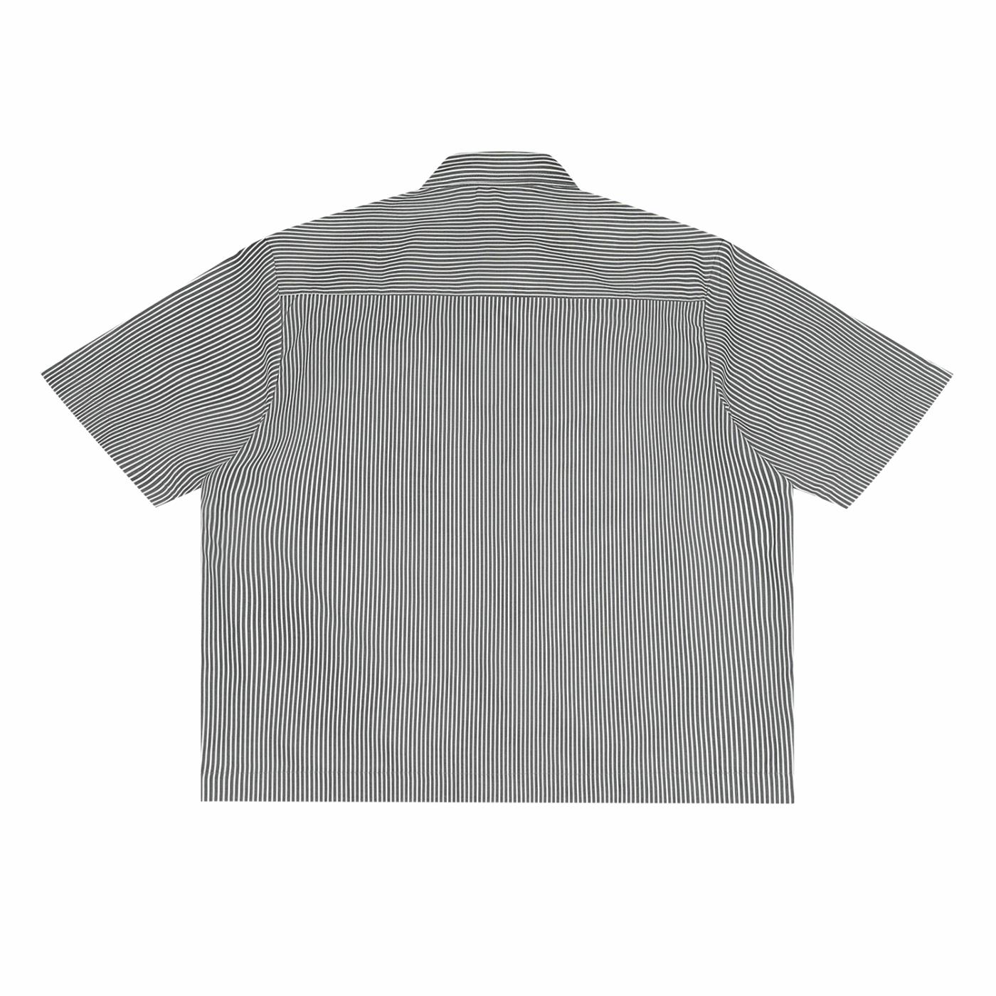 Black-and-white vertical stripe boxy shirt, short sleeves, button-back view