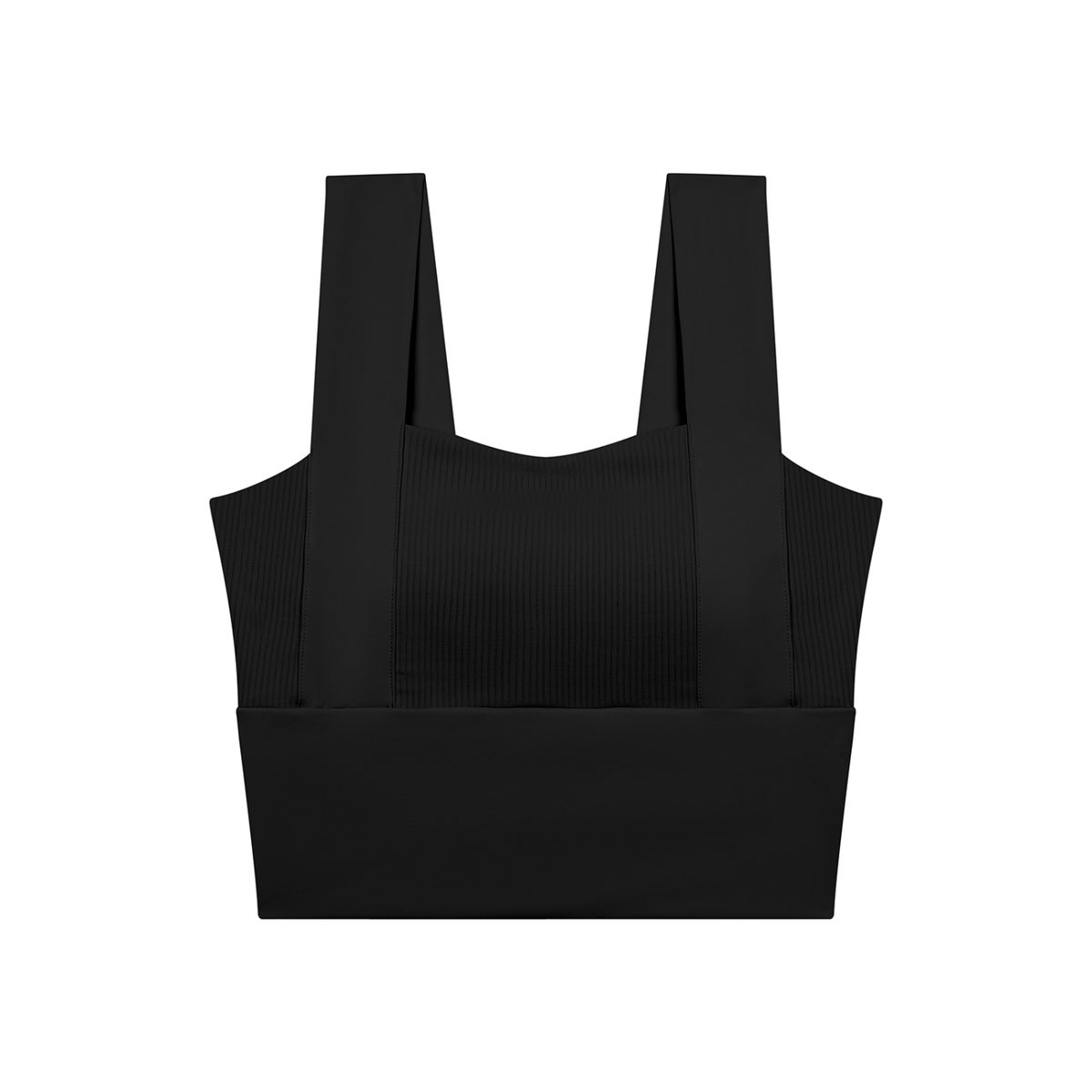 Black women’s yoga crop tank top with wide straps and ribbed textured fabric