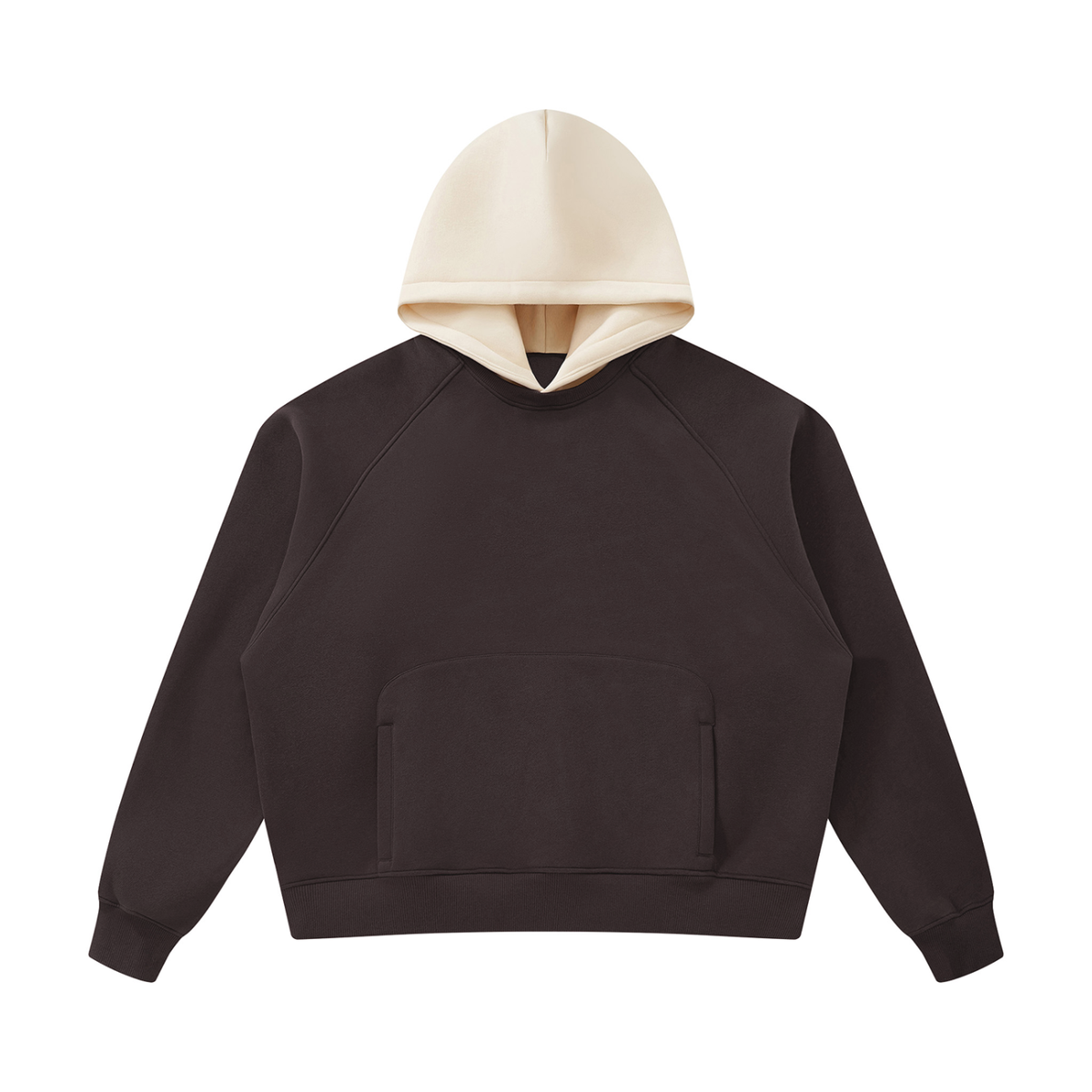 Fleece raglan hoodie, dark brown body with cream hood and kangaroo pocket