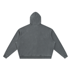 Dark gray full-zip boxy hoodie with hood, shown from the back