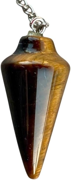 Natural Gemstone Smooth Conical Crystal Pendulum with Charm, Nickle Free Chain, Reiki Meditation Dowsing Tool (Tigers Eye)